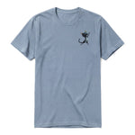 A steel-blue short-sleeve crewneck t-shirt for adult featuring a graphic of a cat on the left chest.