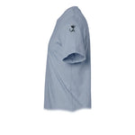 A steel-blue short-sleeve crewneck t-shirt  featuring a small graphic of a cat on the upper left sleeve.
