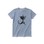 A steel-blue short-sleeve crewneck t-shirt for youth featuring a graphic of a cat on the front.