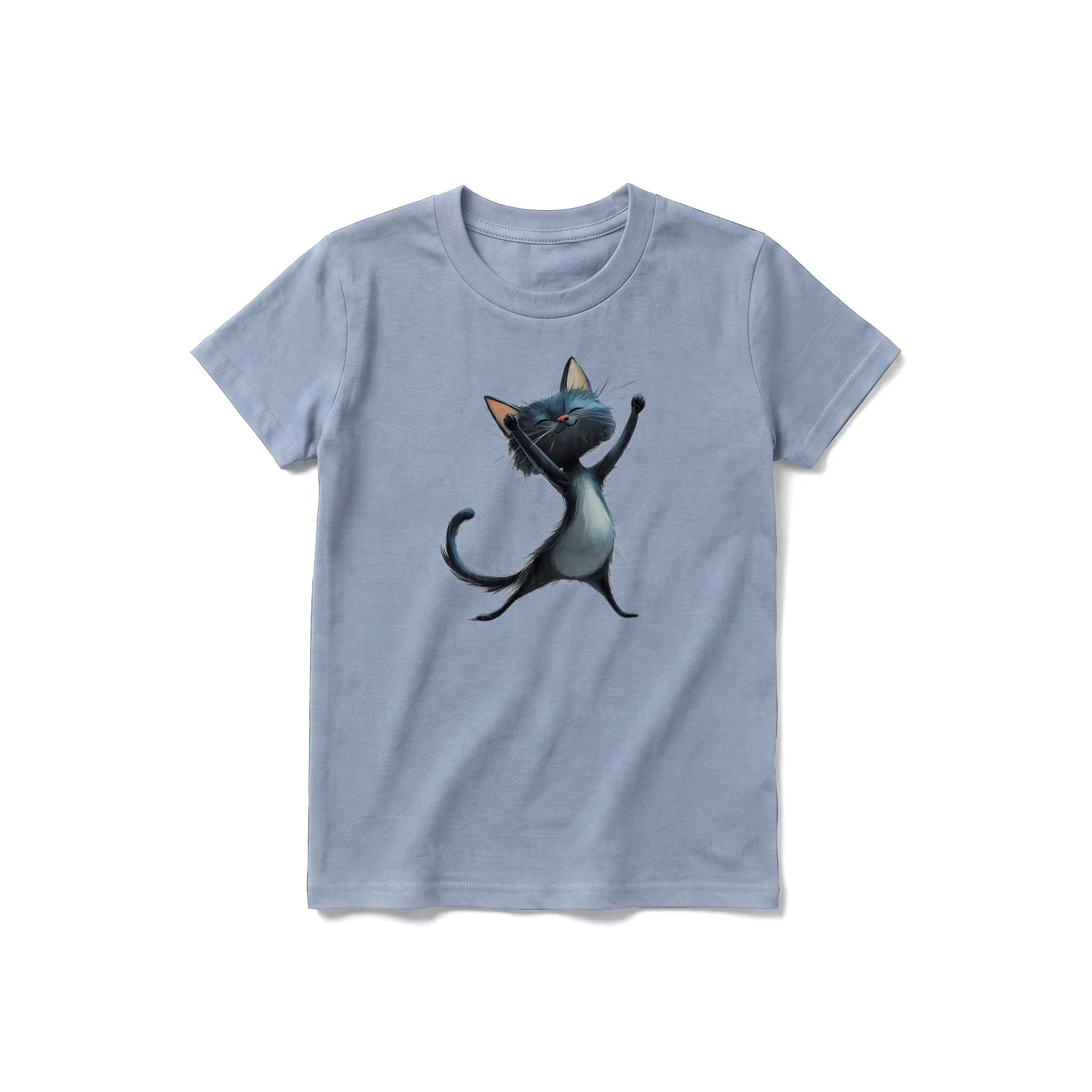 A steel-blue short-sleeve crewneck t-shirt for youth featuring a graphic of a cat on the front.