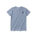 A steel-blue short-sleeve crewneck t-shirt for youth featuring a graphic of a cat on the left chest.