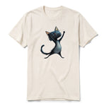 A vintage-white short-sleeve crewneck t-shirt for adult featuring a graphic of a cat on the front.