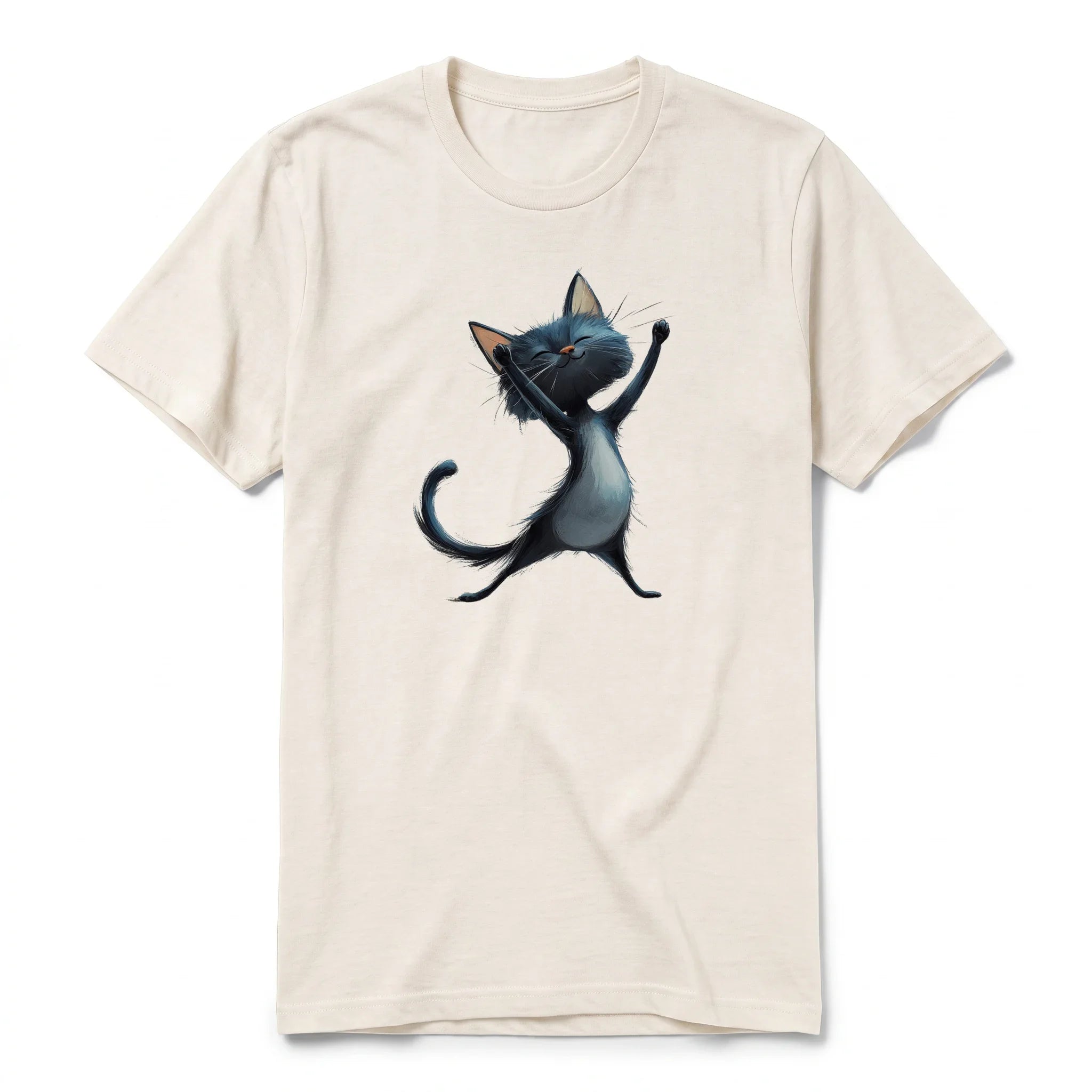 A vintage-white short-sleeve crewneck t-shirt for adult featuring a graphic of a cat on the front.
