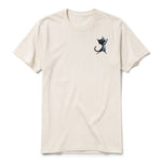 A vintage-white short-sleeve crewneck t-shirt for adult featuring a graphic of a cat on the left chest.