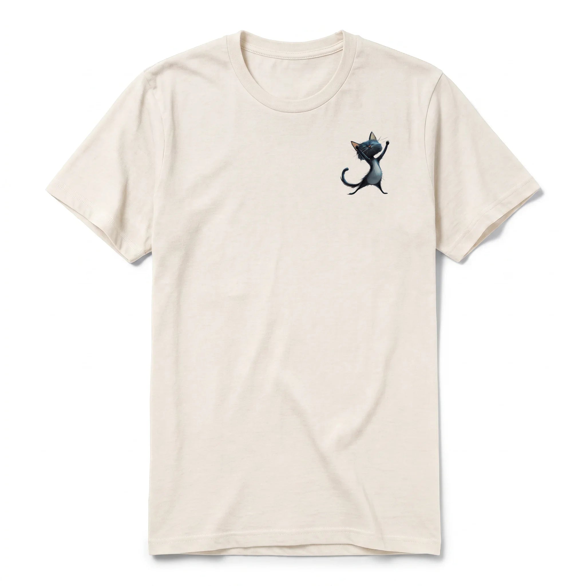 A vintage-white short-sleeve crewneck t-shirt for adult featuring a graphic of a cat on the left chest.