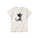 A vintage-white short-sleeve crewneck t-shirt for youth featuring a graphic of a cat on the front.