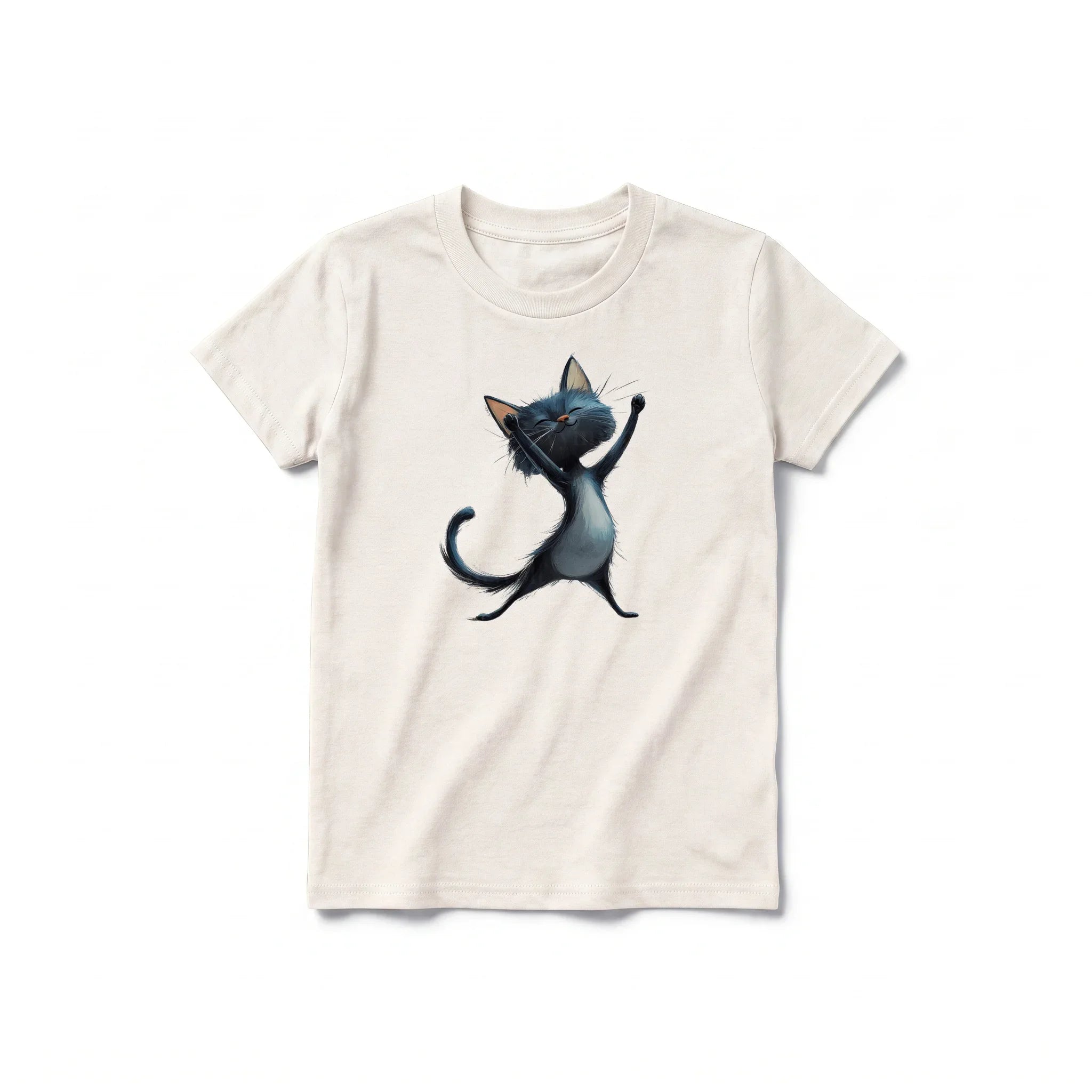 A vintage-white short-sleeve crewneck t-shirt for youth featuring a graphic of a cat on the front.