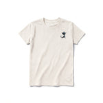 A vintage-white short-sleeve crewneck t-shirt for youth featuring a graphic of a cat on the left chest.