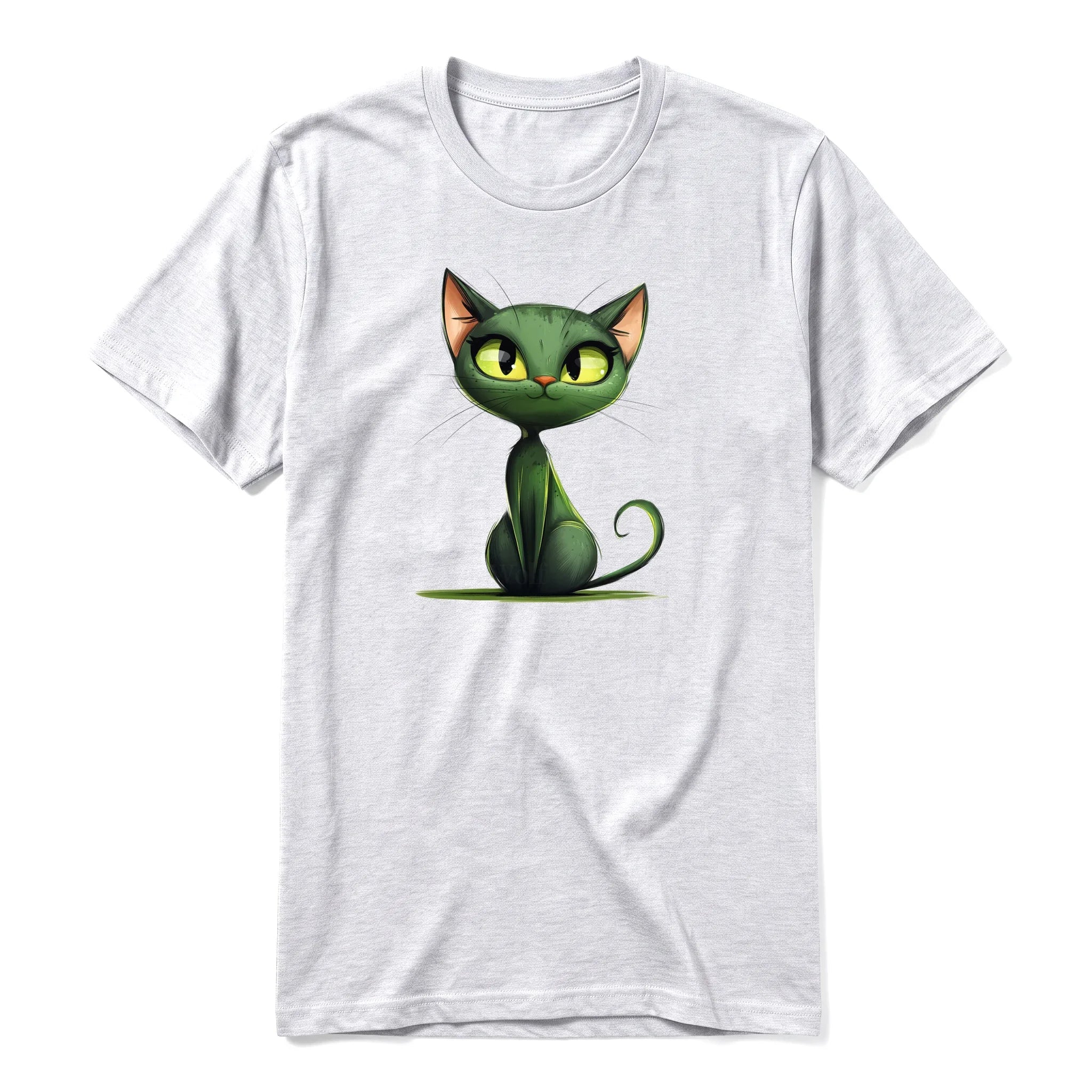 A ash grey short-sleeve crewneck t-shirt for adult featuring a graphic of a cat on the front.