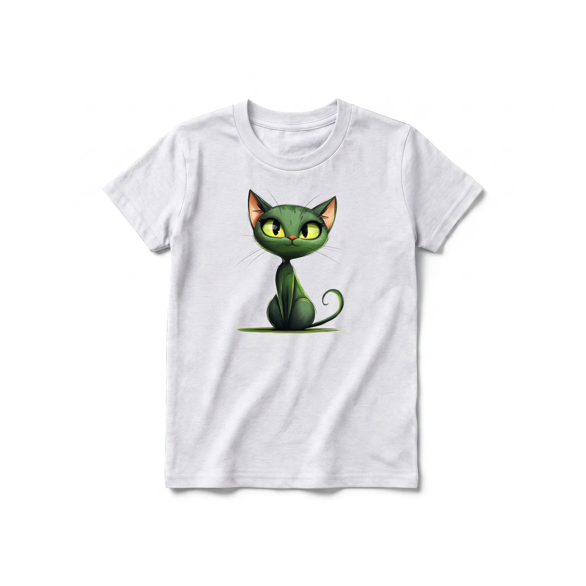 A ash grey short-sleeve crewneck t-shirt for youth featuring a graphic of a cat on the front.