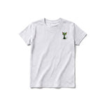A ash grey short-sleeve crewneck t-shirt for youth featuring a graphic of a cat on the left chest.