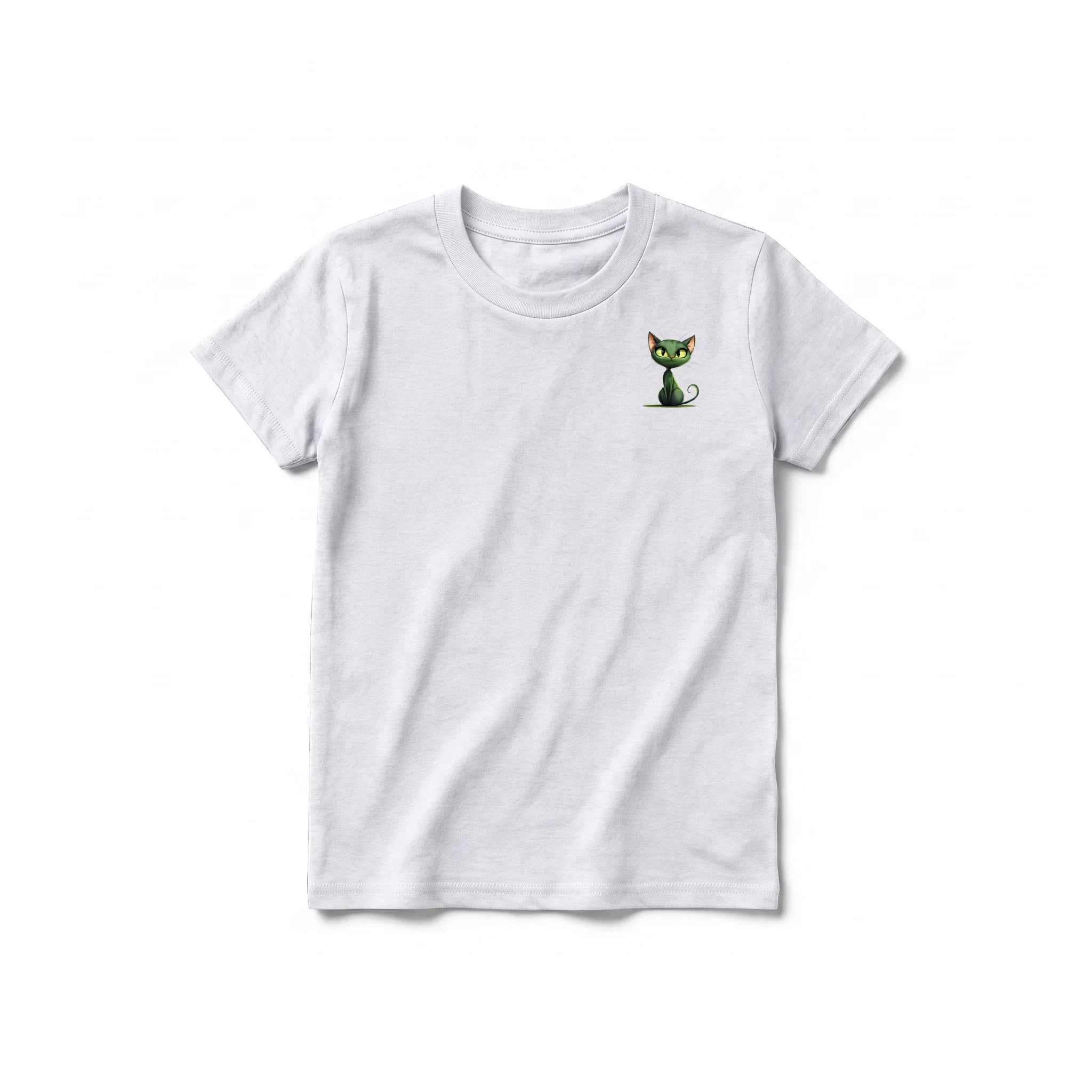A ash grey short-sleeve crewneck t-shirt for youth featuring a graphic of a cat on the left chest.