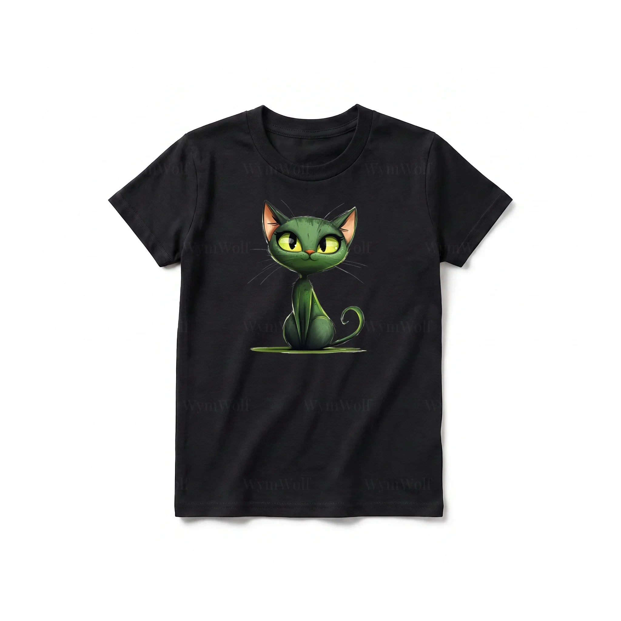 Un T-shirt noir à manches courtes et col rond pour jeune, orné d'un motif représentant un chat sur le devant.