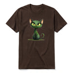 A chocolate short-sleeve crewneck t-shirt for adult featuring a graphic of a cat on the front.