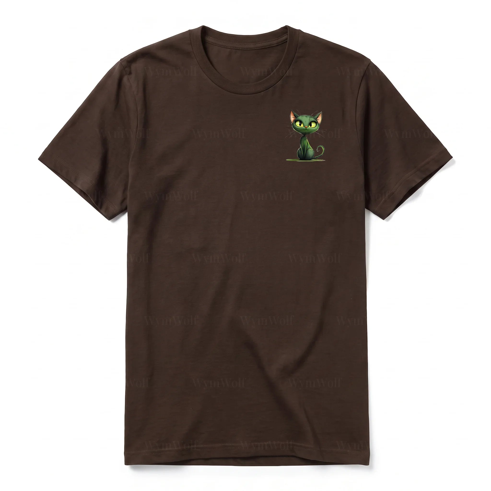 A chocolate short-sleeve crewneck t-shirt for adult featuring a graphic of a cat on the left chest.