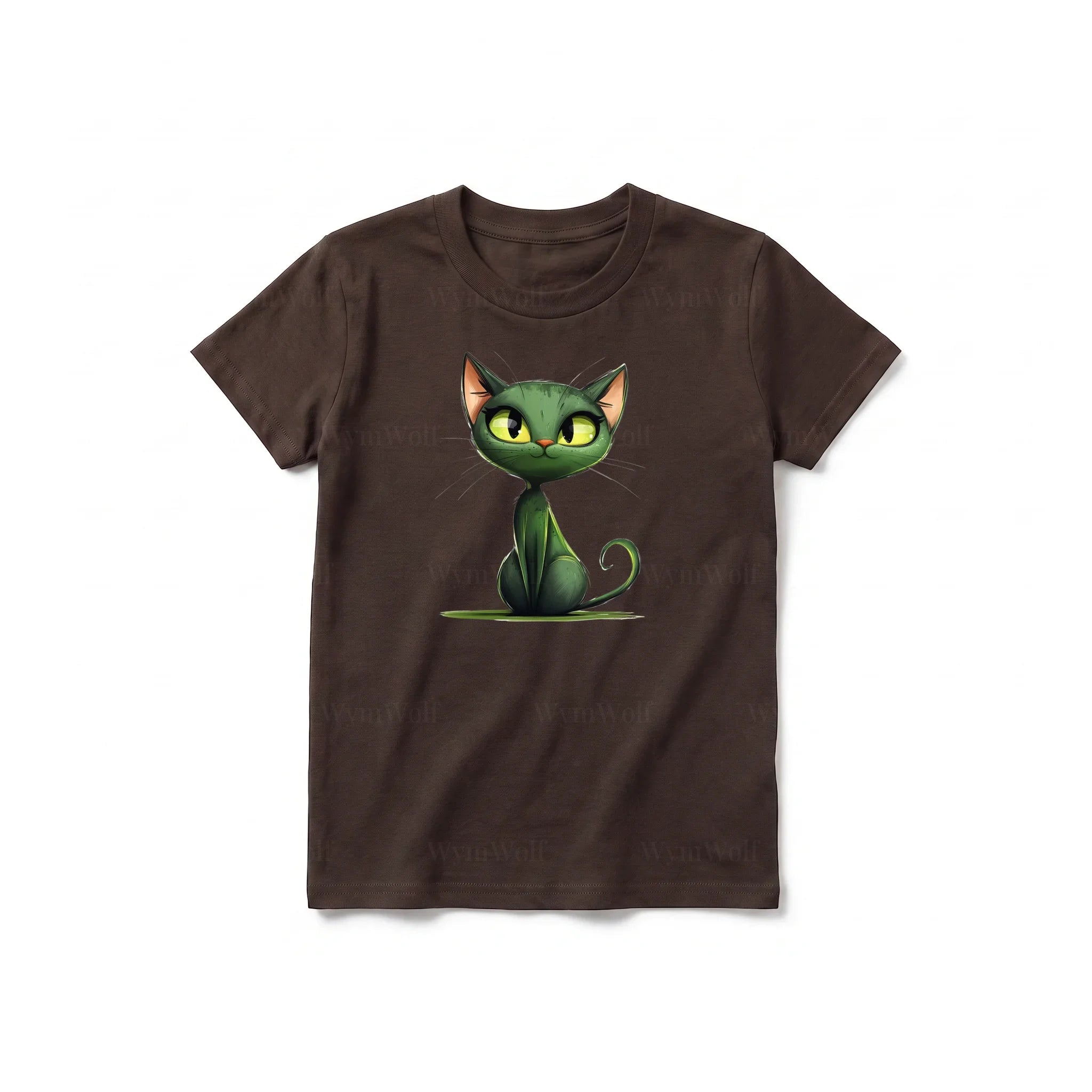 A chocolate short-sleeve crewneck t-shirt for youth featuring a graphic of a cat on the front.