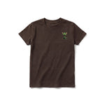 A chocolate short-sleeve crewneck t-shirt for youth featuring a graphic of a cat on the left chest.