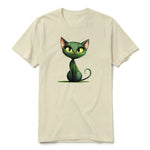 A latte short-sleeve crewneck t-shirt for adult featuring a graphic of a cat on the front.