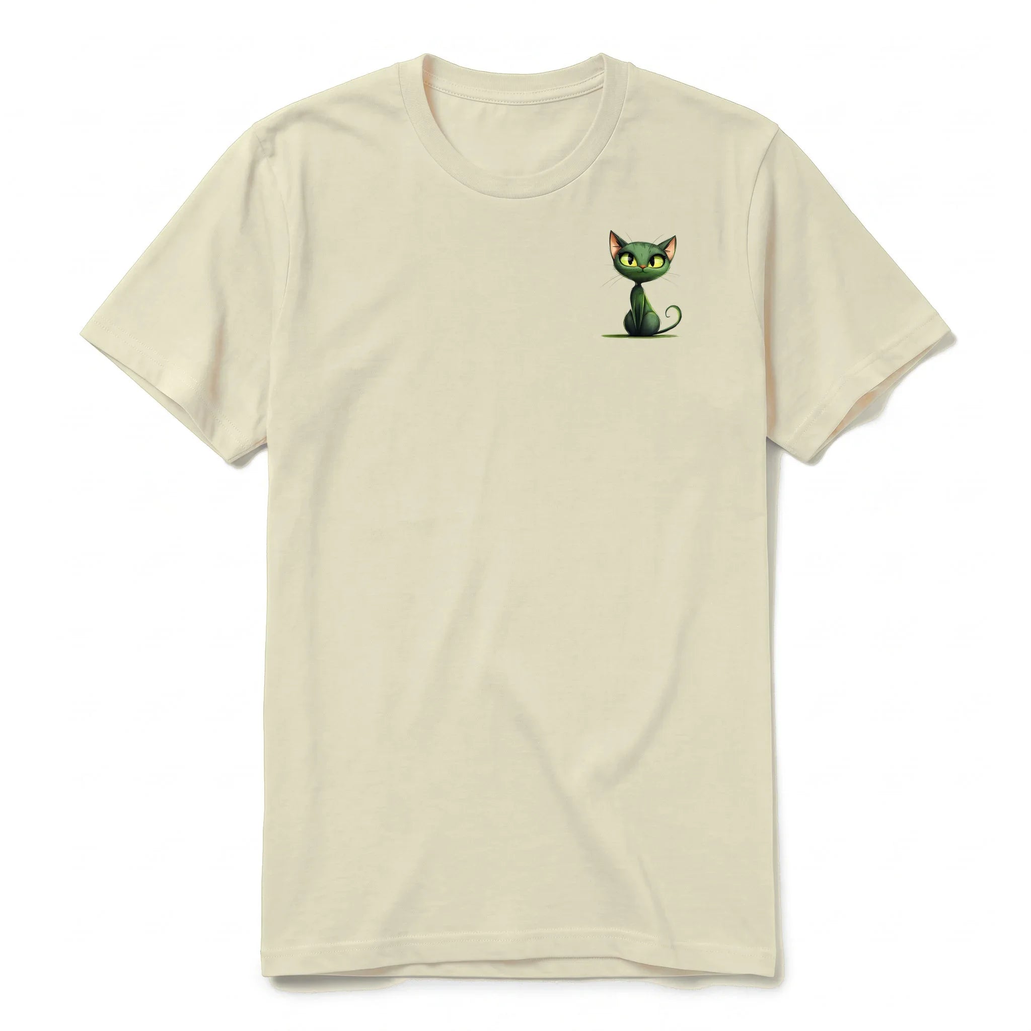 A latte short-sleeve crewneck t-shirt for adult featuring a graphic of a cat on the left chest.