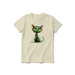 A latte short-sleeve crewneck t-shirt for youth featuring a graphic of a cat on the front.