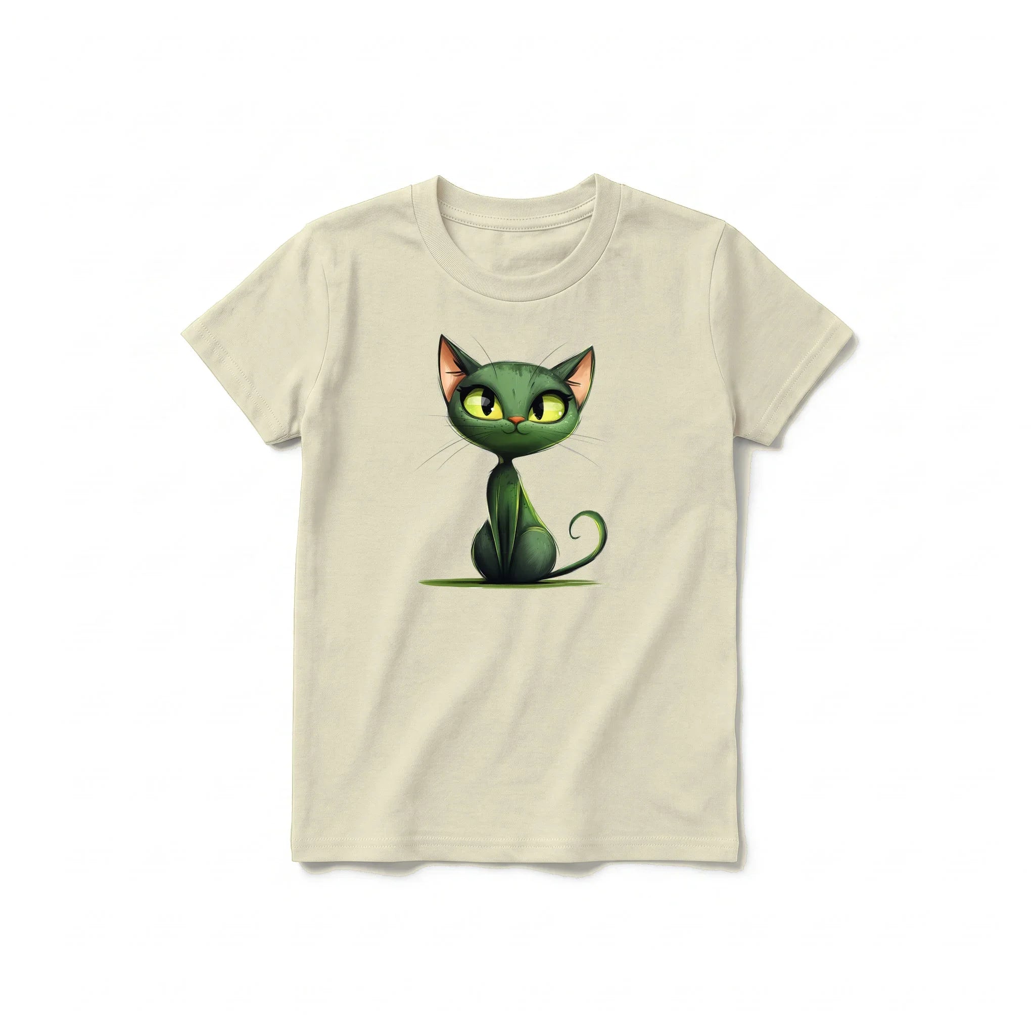 A latte short-sleeve crewneck t-shirt for youth featuring a graphic of a cat on the front.