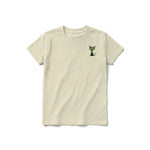 A latte short-sleeve crewneck t-shirt for youth featuring a graphic of a cat on the left chest.