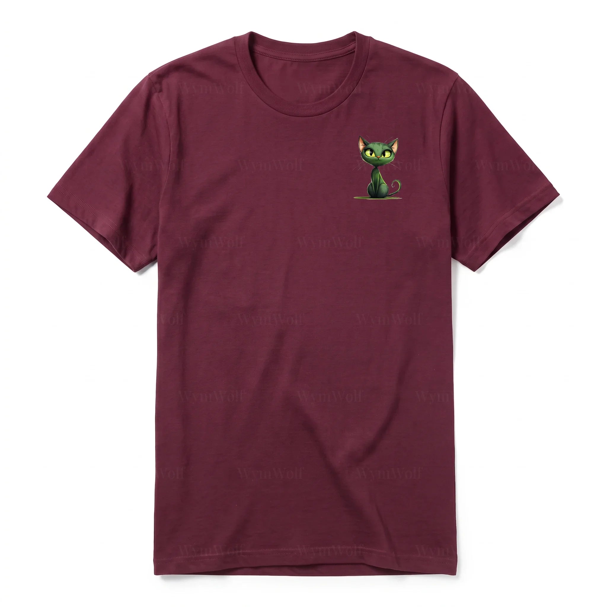 A maroon short-sleeve crewneck t-shirt for adult featuring a graphic of a cat on the left chest.