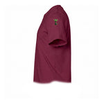 A maroon short-sleeve crewneck t-shirt  featuring a small graphic of a cat on the upper left sleeve.