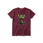 A maroon short-sleeve crewneck t-shirt for youth featuring a graphic of a cat on the front.