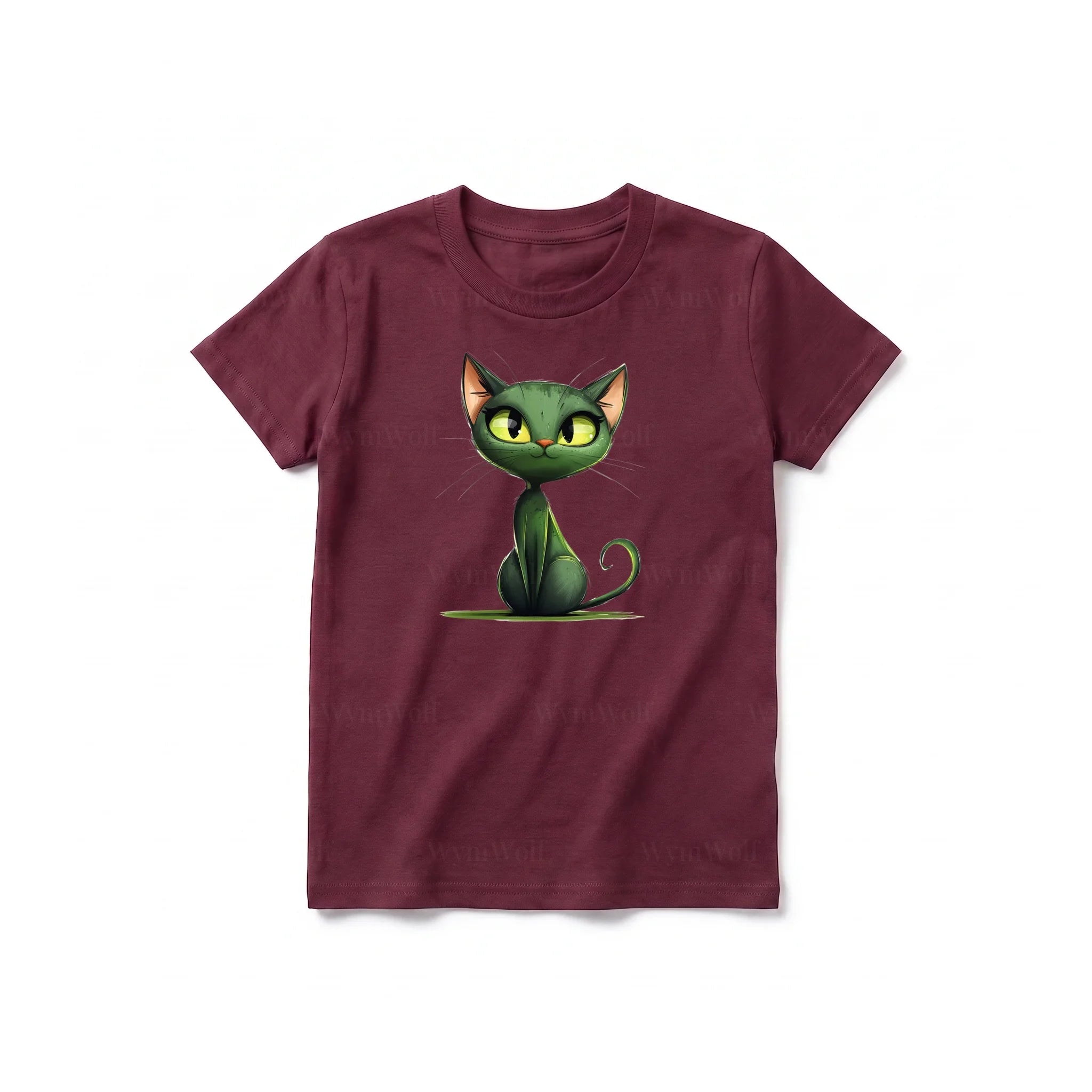 A maroon short-sleeve crewneck t-shirt for youth featuring a graphic of a cat on the front.