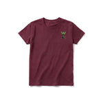 A maroon short-sleeve crewneck t-shirt for youth featuring a graphic of a cat on the left chest.