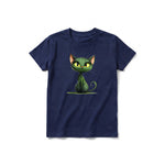 Un T-shirt marine à manches courtes et col rond pour jeune, orné d'un motif représentant un chat sur le devant.