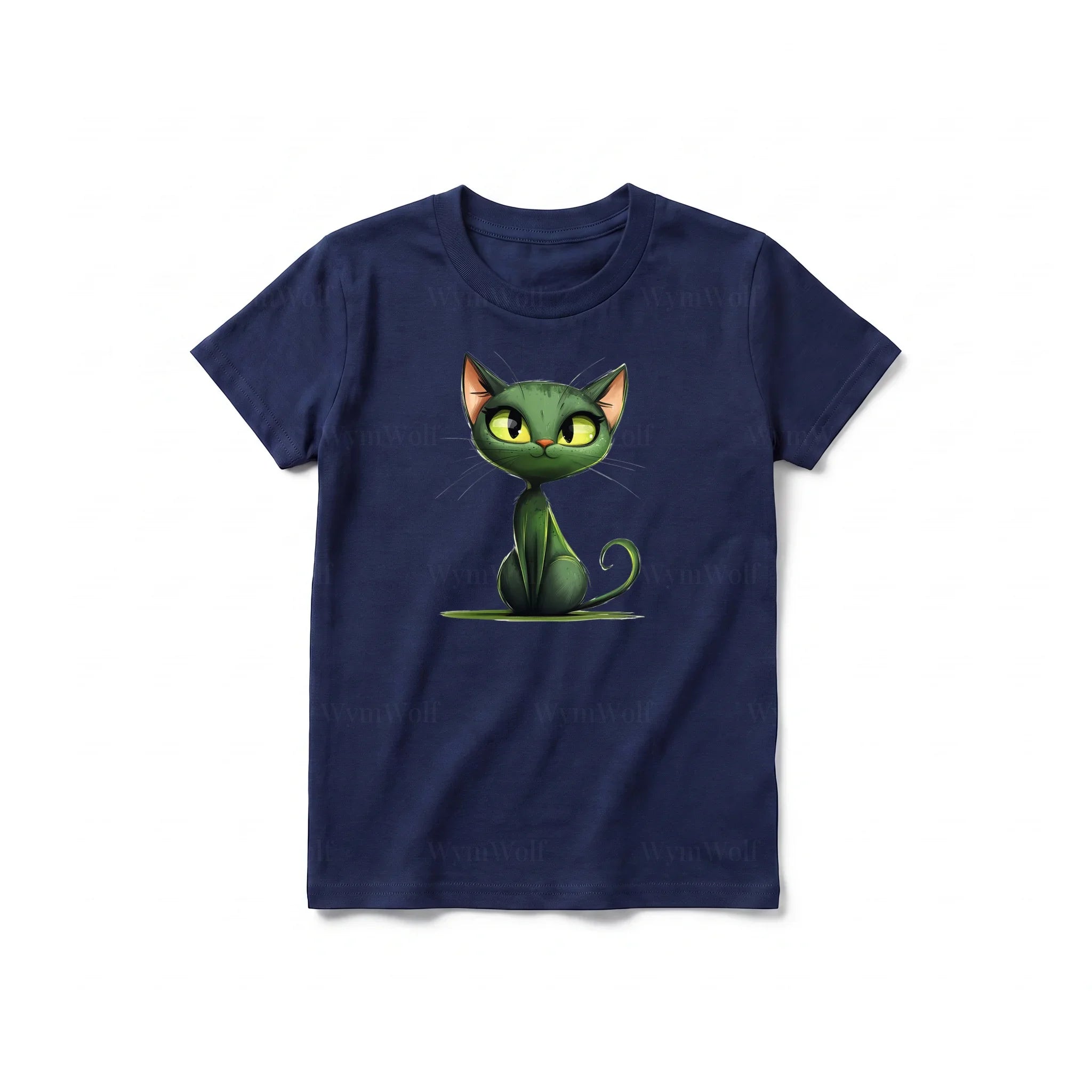 Un T-shirt marine à manches courtes et col rond pour jeune, orné d'un motif représentant un chat sur le devant.