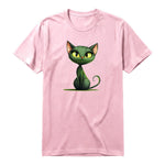 A pink short-sleeve crewneck t-shirt for adult featuring a graphic of a cat on the front.