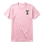 A pink short-sleeve crewneck t-shirt for adult featuring a graphic of a cat on the left chest.