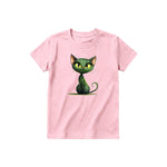 A pink short-sleeve crewneck t-shirt for youth featuring a graphic of a cat on the front.