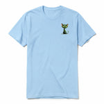 A powder short-sleeve crewneck t-shirt for adult featuring a graphic of a cat on the left chest.