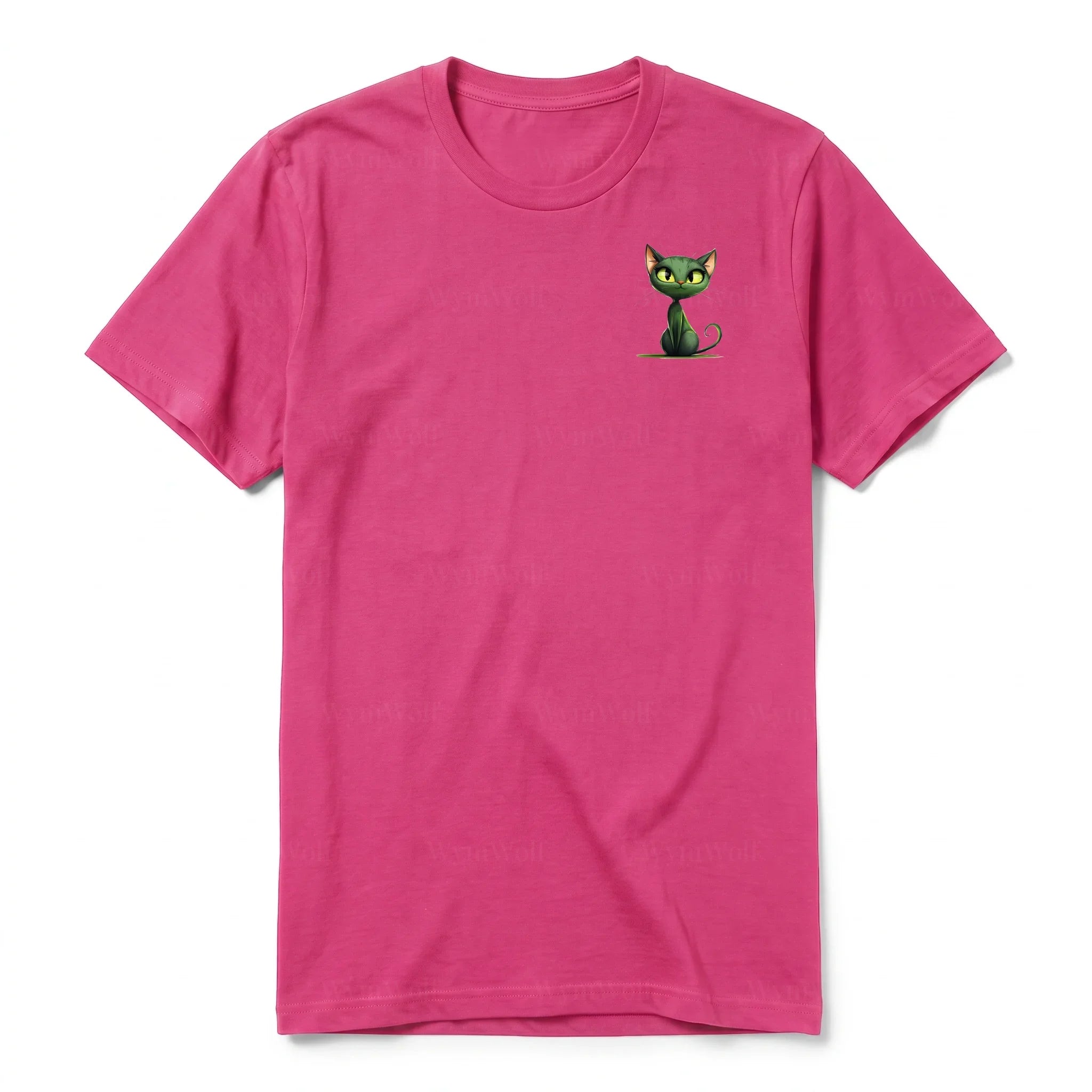 A raspberry short-sleeve crewneck t-shirt for adult featuring a graphic of a cat on the left chest.