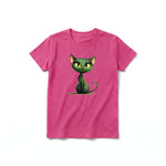 A raspberry short-sleeve crewneck t-shirt for youth featuring a graphic of a cat on the front.