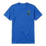 A royal short-sleeve crewneck t-shirt for adult featuring a graphic of a cat on the left chest.
