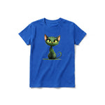A royal short-sleeve crewneck t-shirt for youth featuring a graphic of a cat on the front.