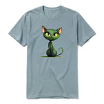 A sage short-sleeve crewneck t-shirt for adult featuring a graphic of a cat on the front.