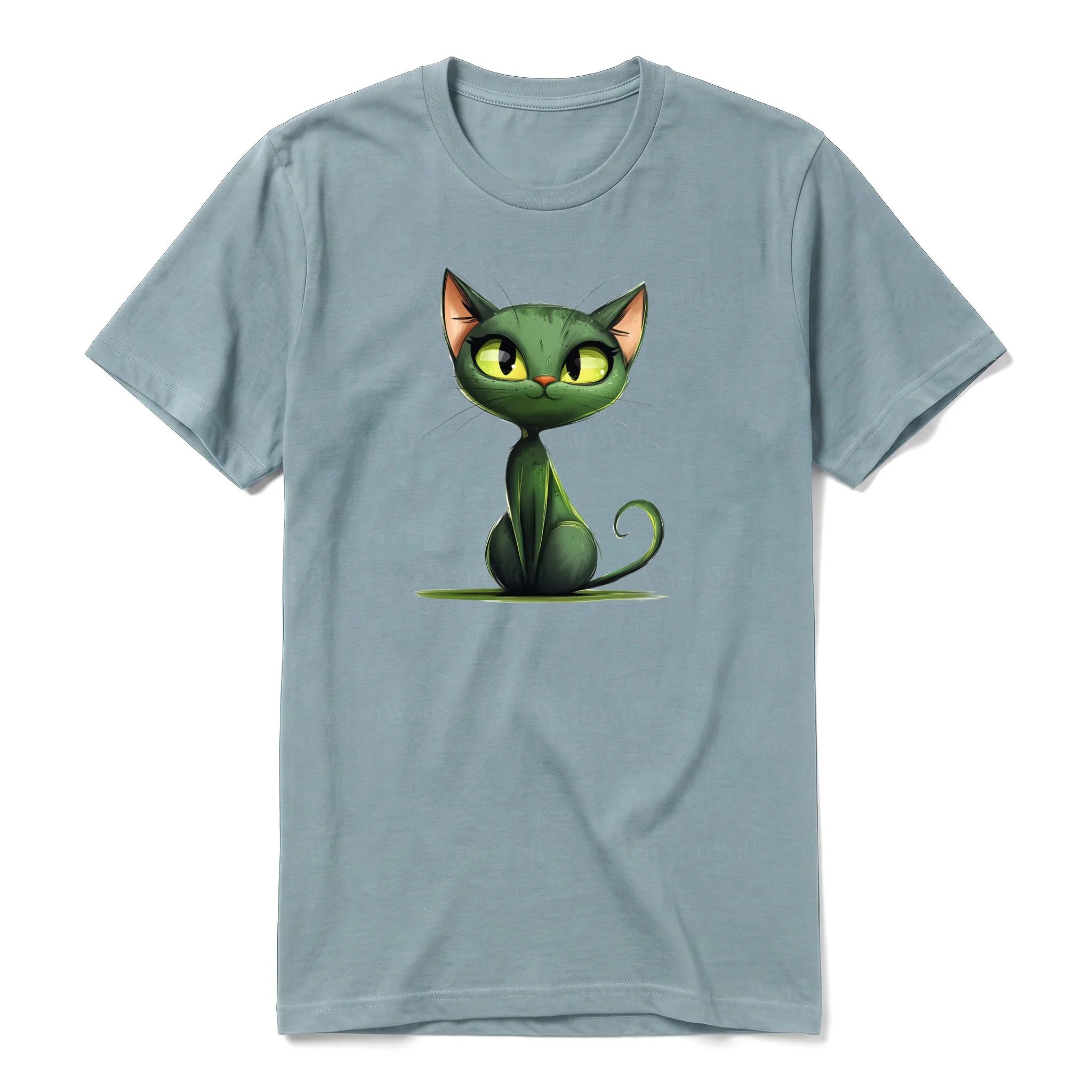 A sage short-sleeve crewneck t-shirt for adult featuring a graphic of a cat on the front.