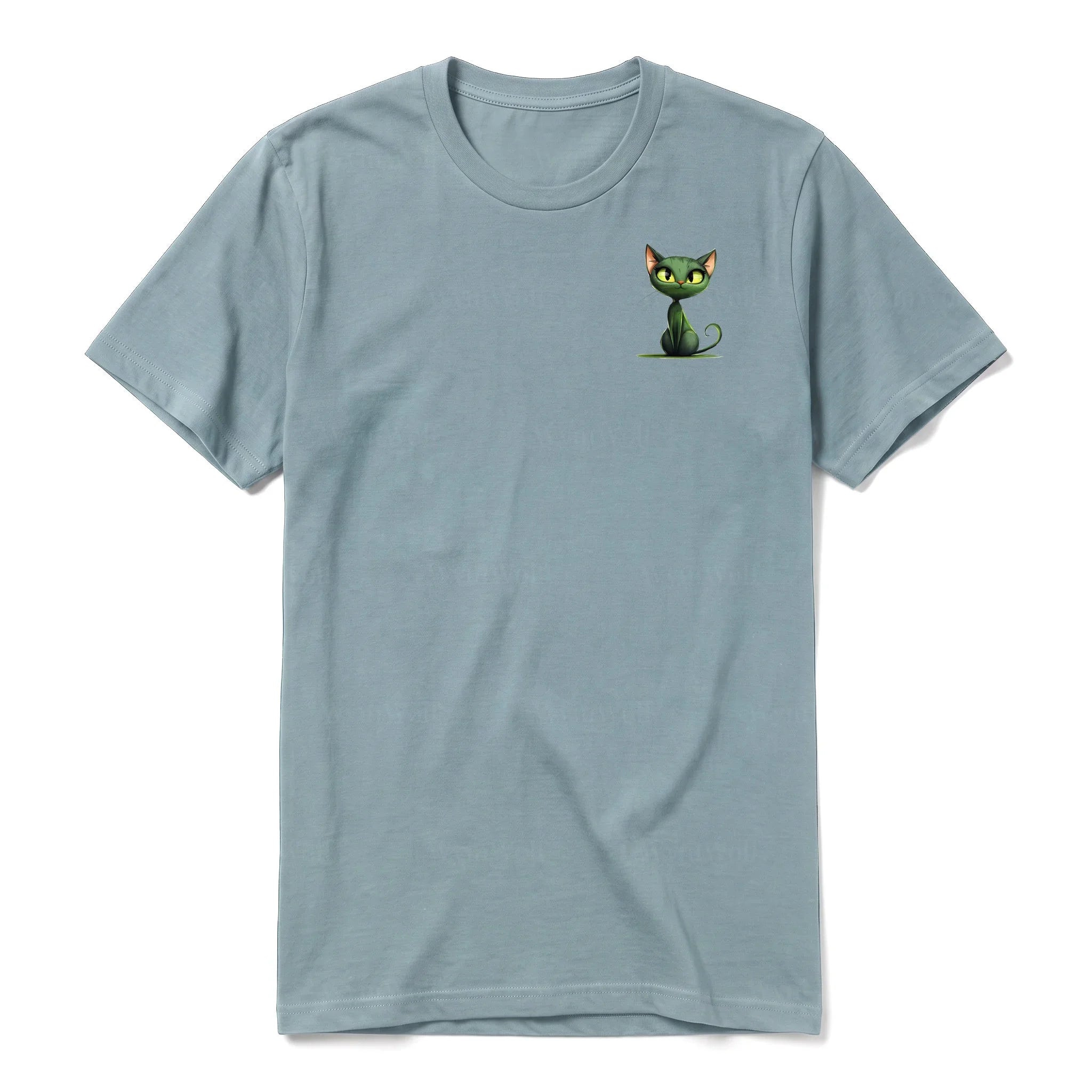 A sage short-sleeve crewneck t-shirt for adult featuring a graphic of a cat on the left chest.