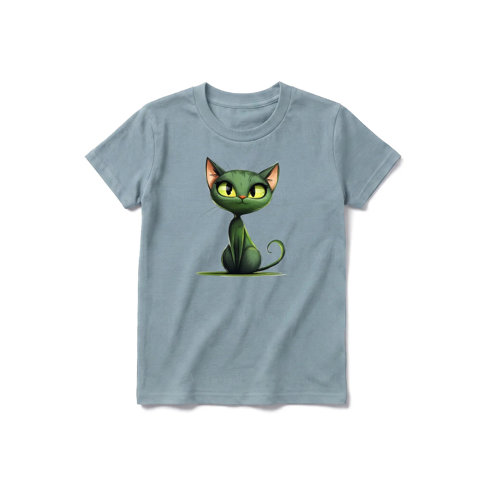A sage short-sleeve crewneck t-shirt for youth featuring a graphic of a cat on the front.