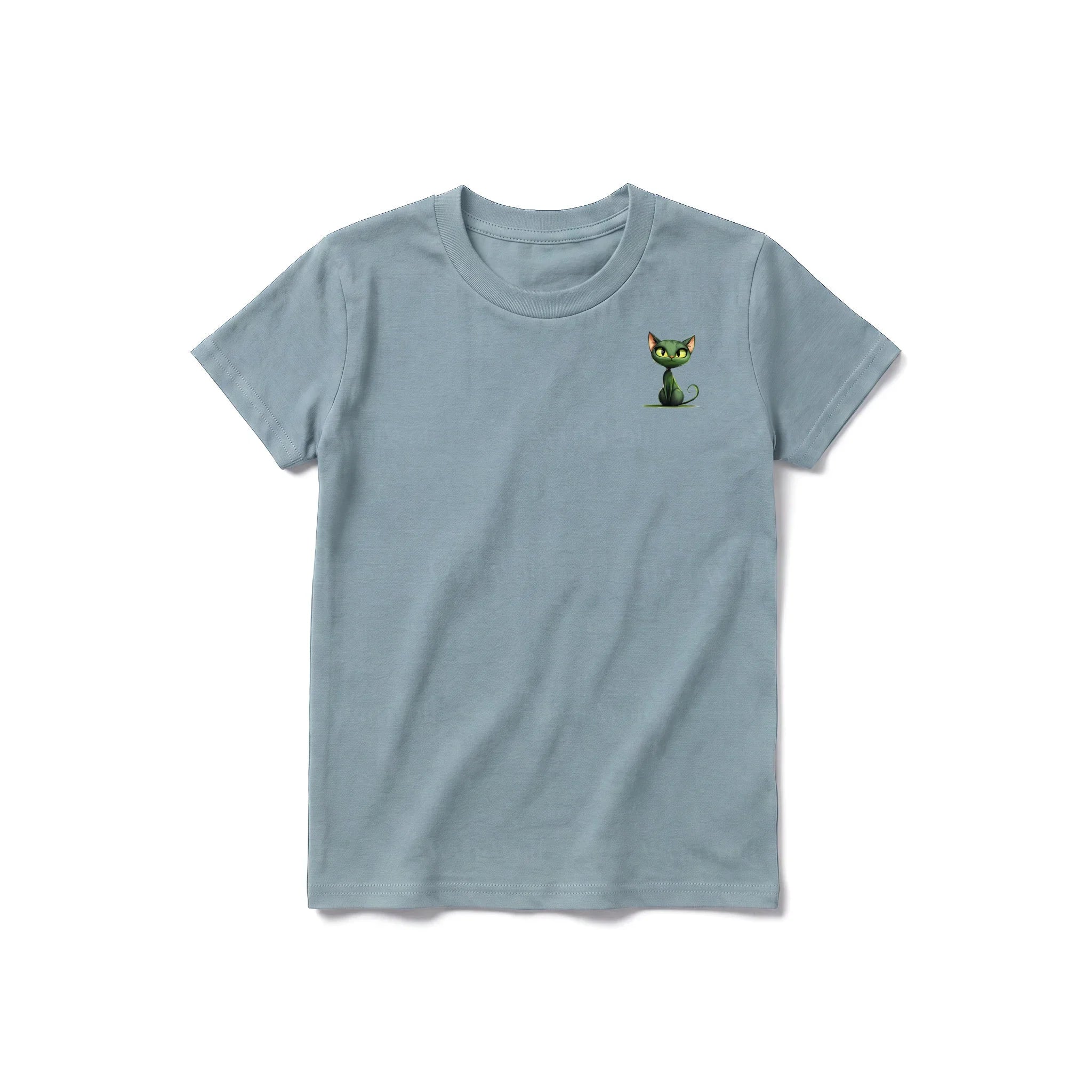 A sage short-sleeve crewneck t-shirt for youth featuring a graphic of a cat on the left chest.
