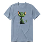 A steel-blue short-sleeve crewneck t-shirt for adult featuring a graphic of a cat on the front.