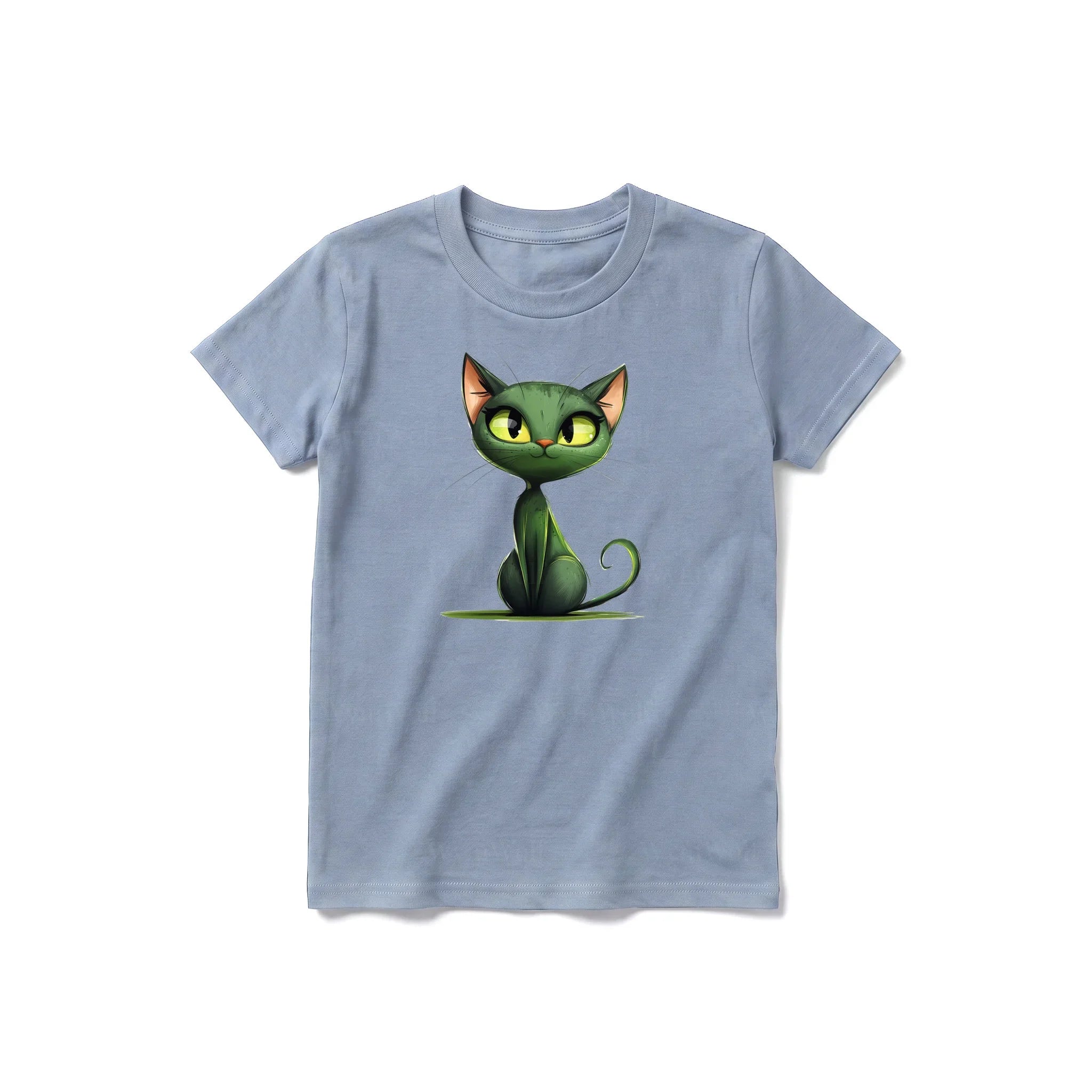 A steel-blue short-sleeve crewneck t-shirt for youth featuring a graphic of a cat on the front.