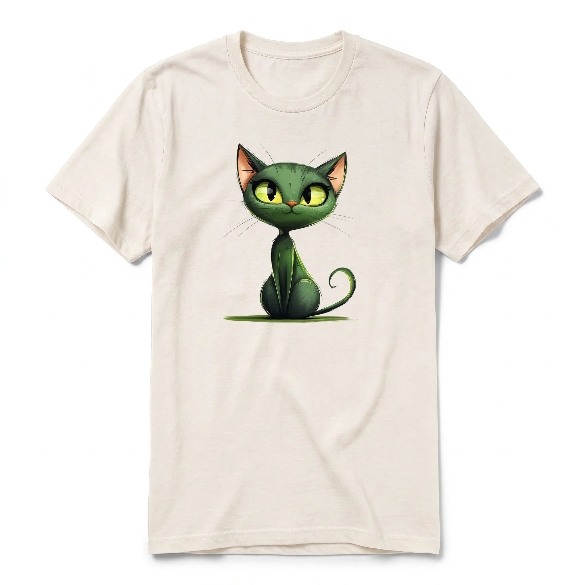 Un T-shirt blanc vintage à manches courtes et col rond, orné d'un motif représentant un chat sur le devant.