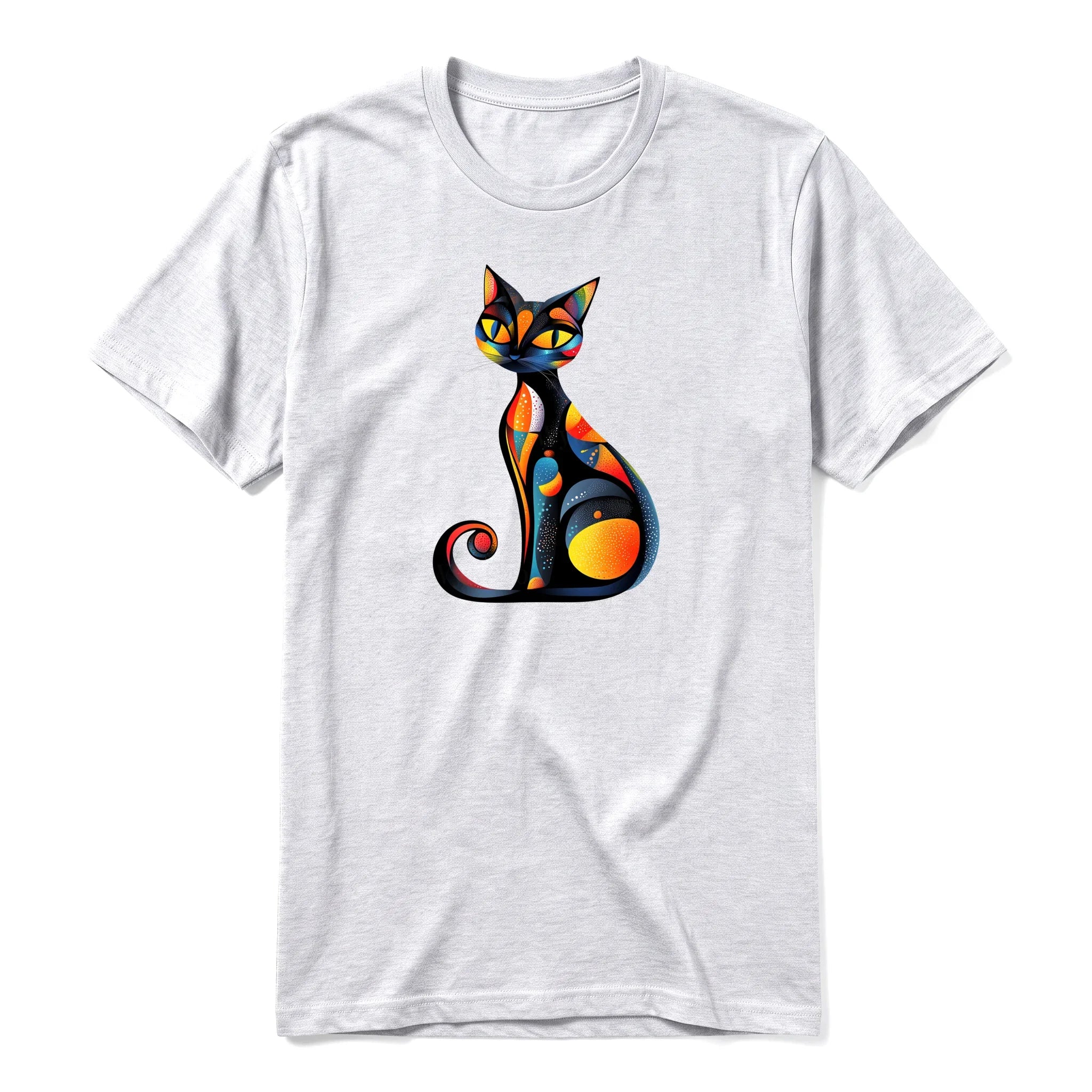 A ash grey short-sleeve crewneck t-shirt for adult featuring a graphic of a cat on the front.
